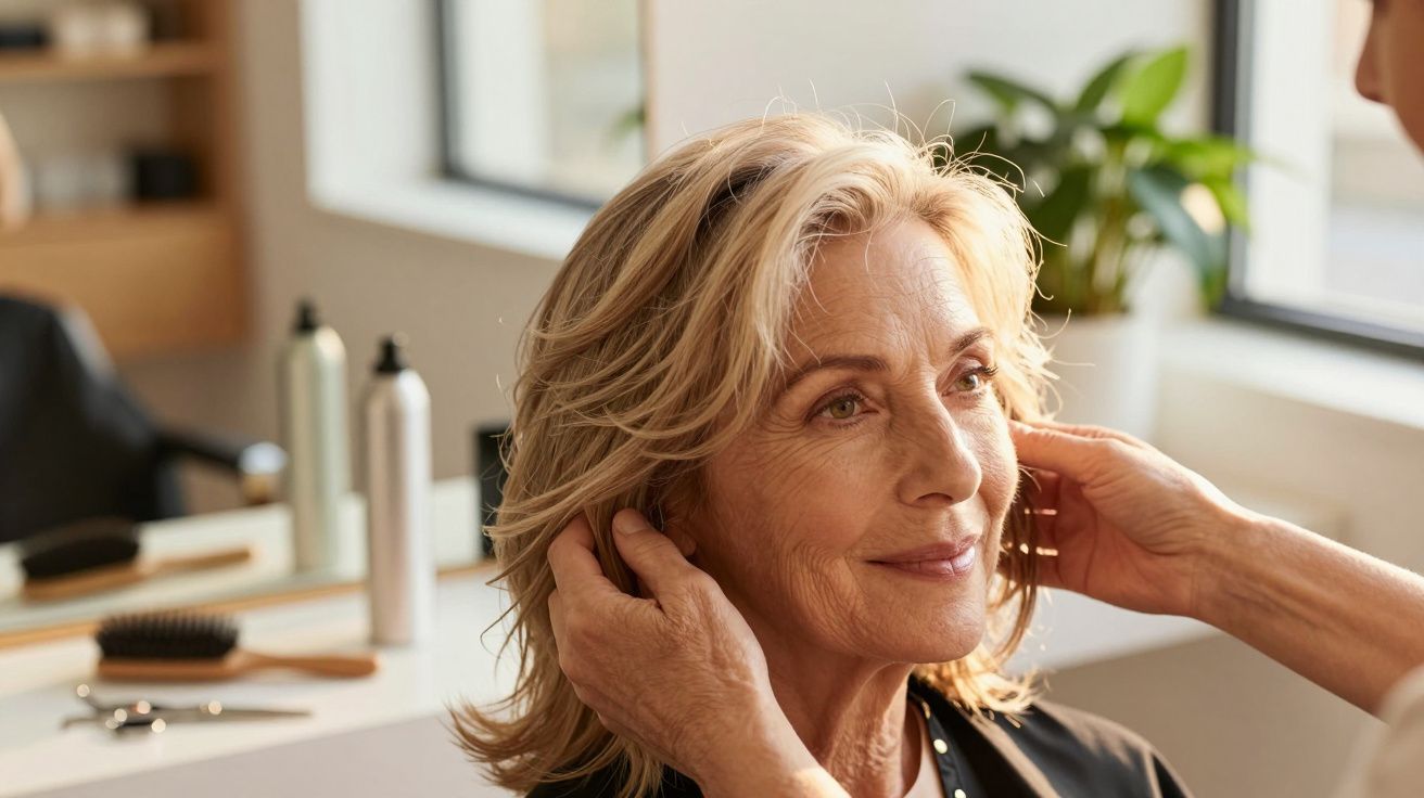 Femeie zâmbitoare la salon de coafură, aranjată de un stilist, cu fereastră și plante în fundal.