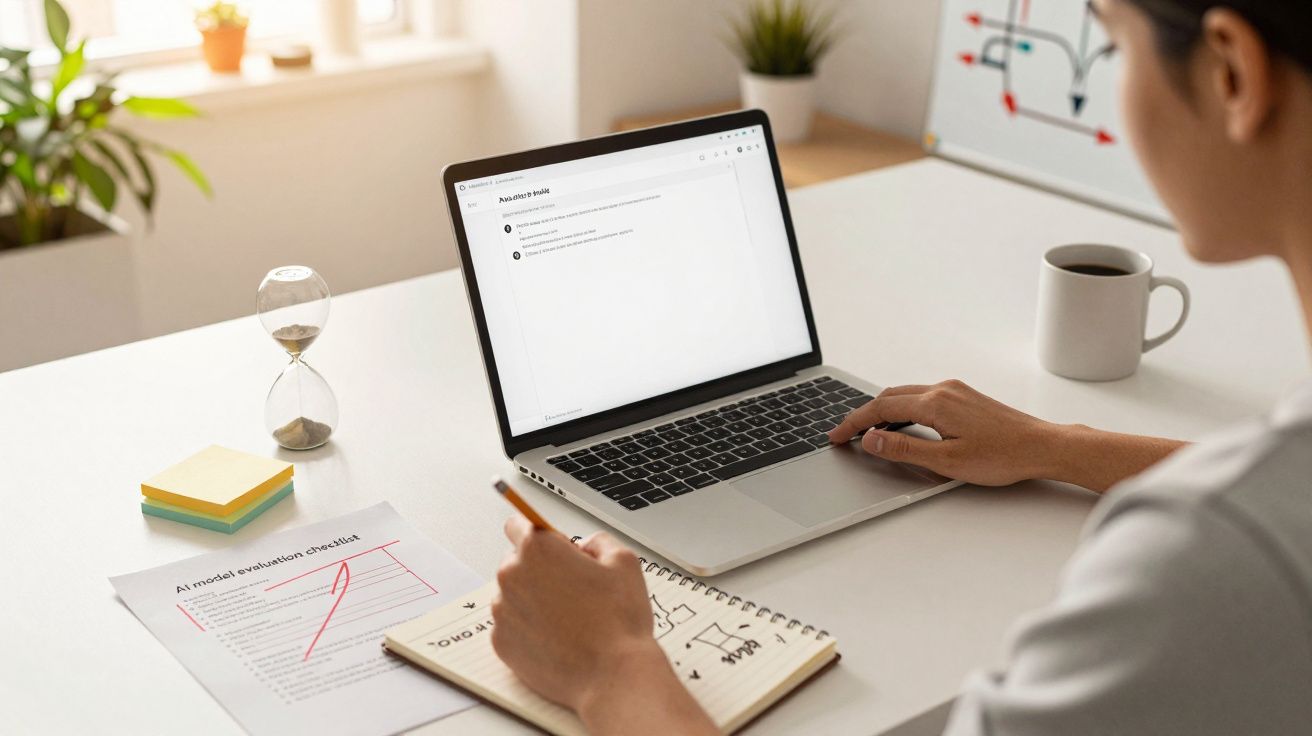 Persoană lucrând la laptop într-un birou, cu carnețel, ceas de nisip și cană pe masă, înconjurată de plante.