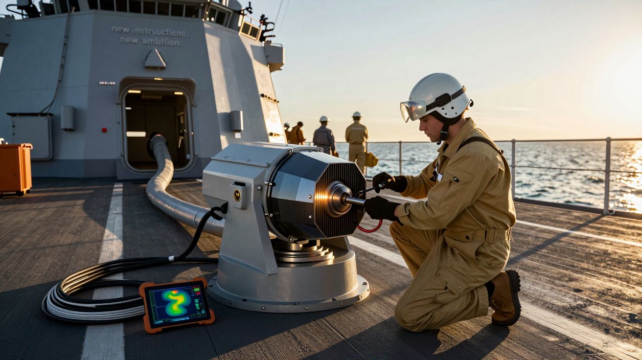 Tehnician în uniformă galbenă lucrează la un dispozitiv pe puntea unei nave în lumina apusului.