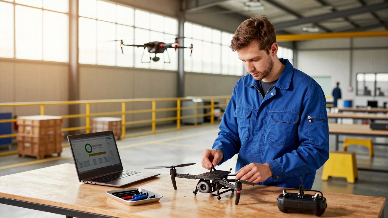 Bărbat verificând o dronă pe o masă într-un atelier, cu un laptop și o telecomandă alături.