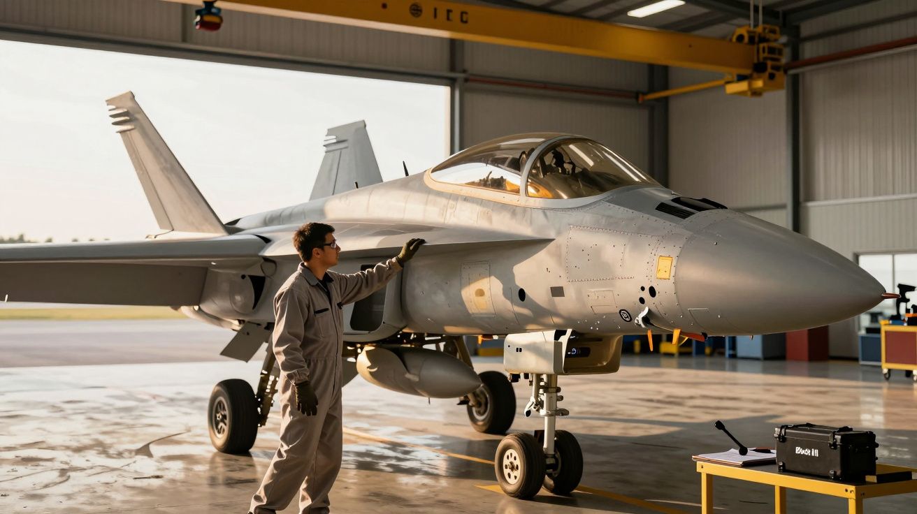 Tehnician lângă un avion de luptă modern într-un hangar luminat.