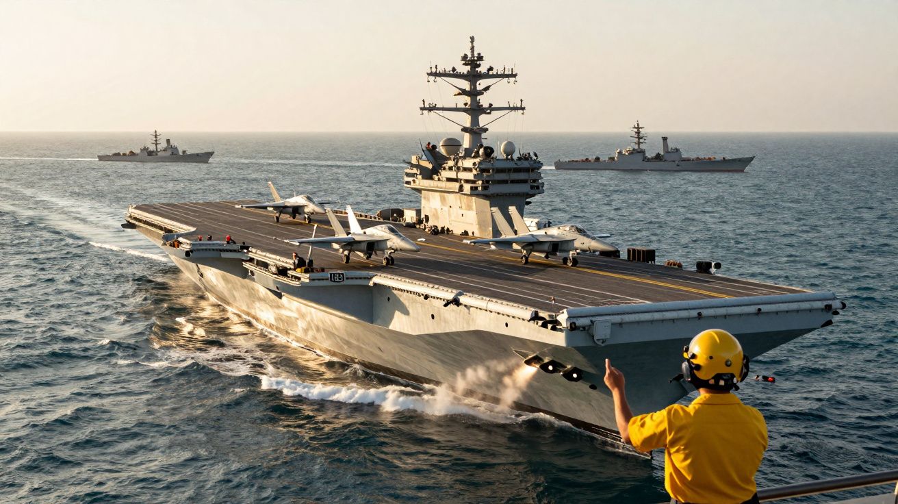 Portavion navigând pe mare, înconjurat de două nave escortă; persoană cu cască dă indicații pe punte.