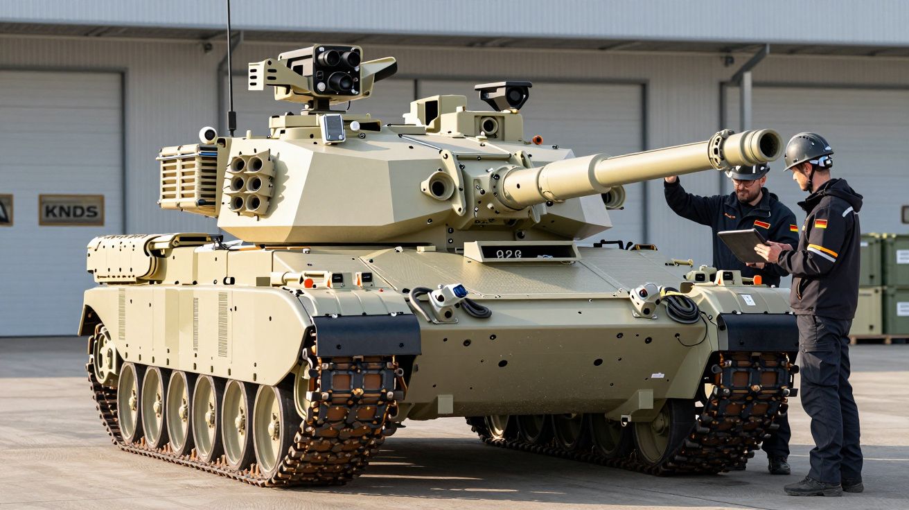 Tanc militar modern pe șenile într-un hangar, cu doi tehnicieni discutând lângă el.