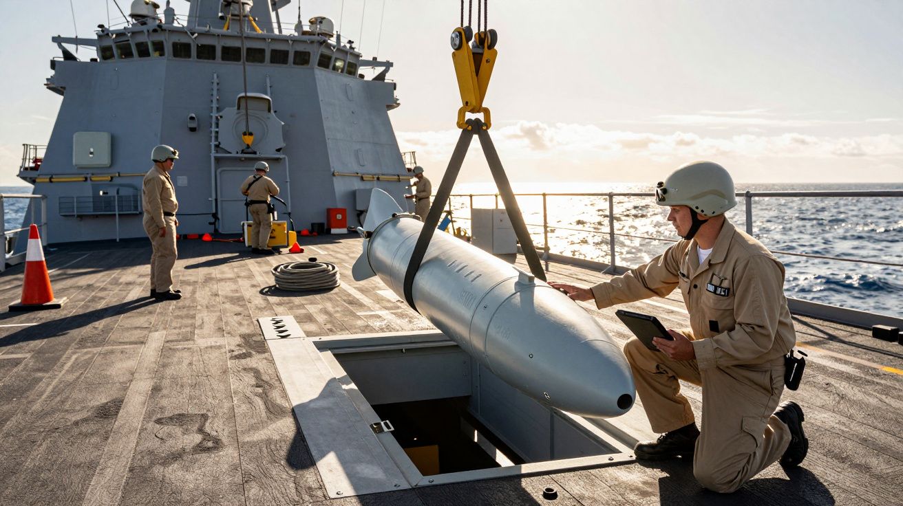 Militar pe o navă de război, pregătind un dispozitiv pentru lansare, cu alți soldați în fundal, pe mare.