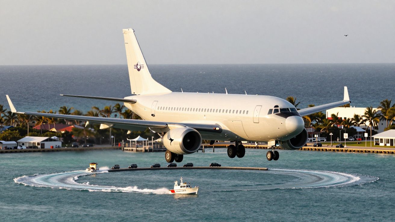 Avion aterizând deasupra unei piste înconjurate de apă, cu o barcă și mașini în mișcare pe fundal.