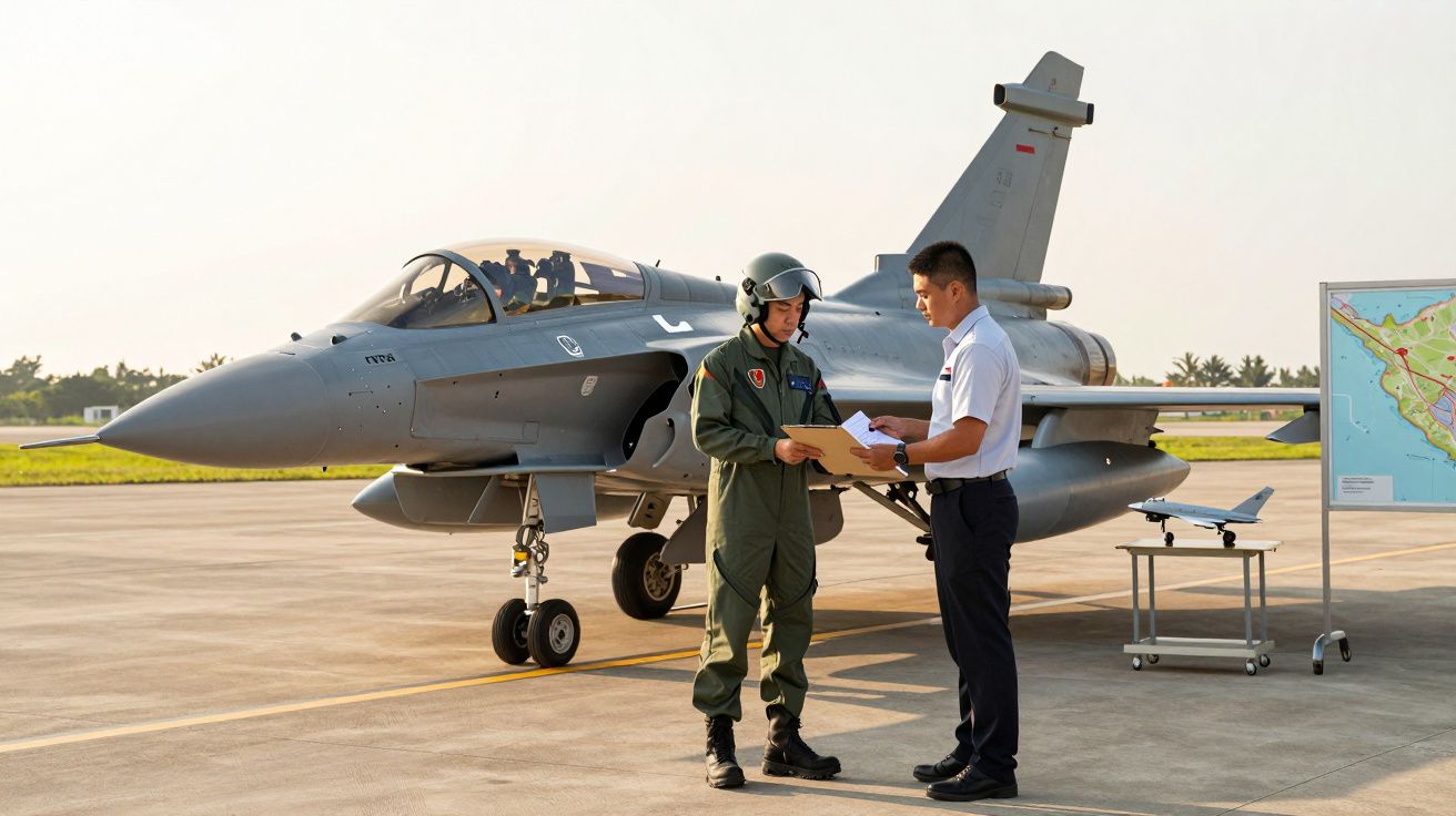 Pilot în uniformă discută cu un bărbat lângă un avion de luptă modern pe o pistă de aterizare.