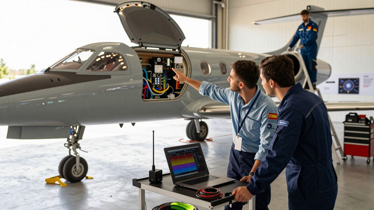 Ingineri verificând sistemele unui avion privat într-un hangar; un laptop afișează date; un tehnician pe scară.