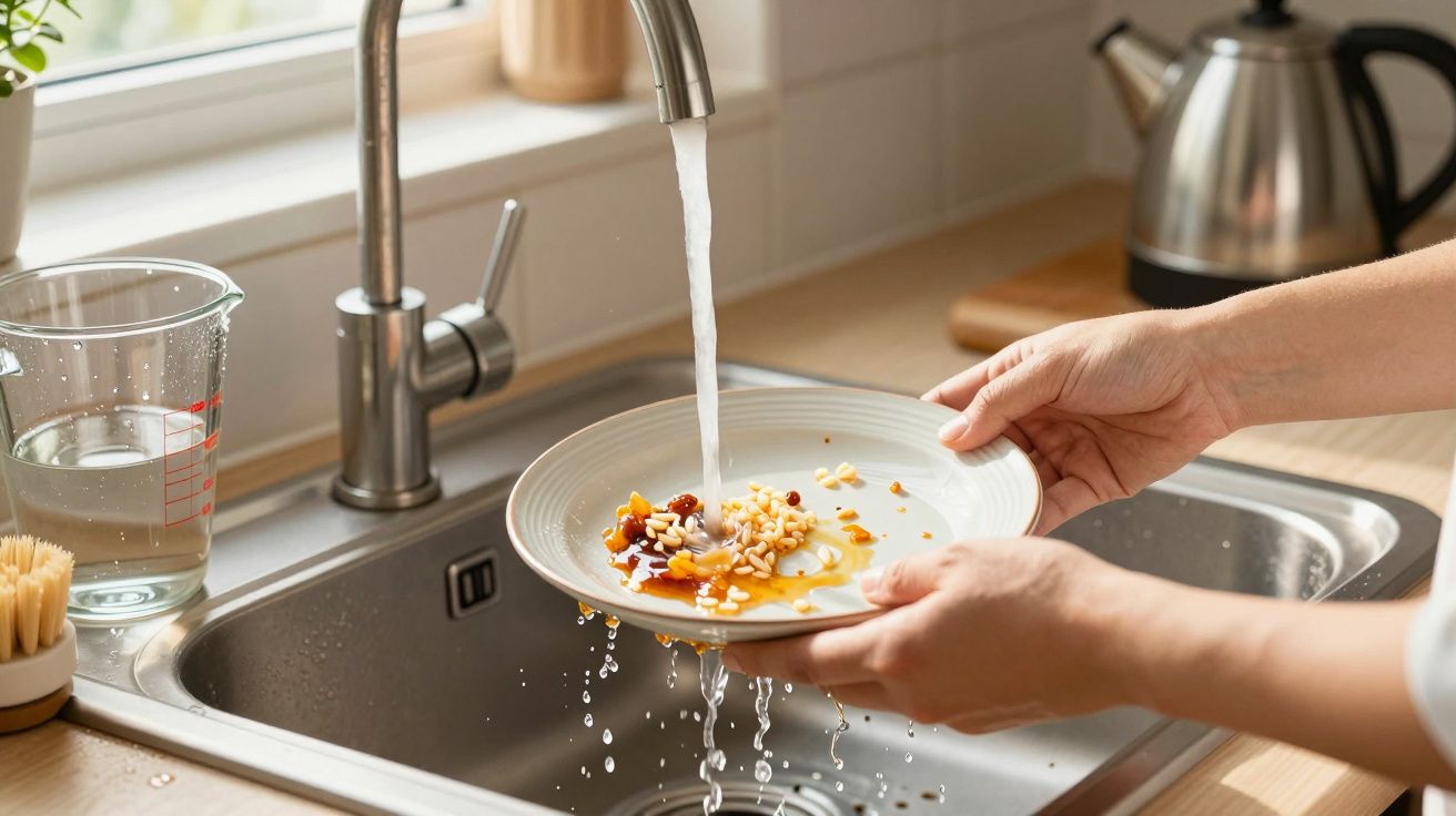 Persoană spală o farfurie murdară sub un robinet, lângă o cană gradată și o perie de vase pe o chiuvetă.
