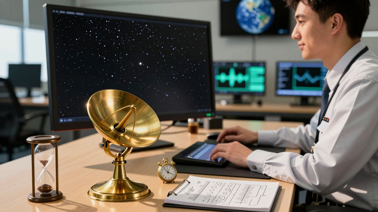 Bărbat la calculator într-un birou, cu ecran ce afișează stele, glob pământesc pe perete și obiecte pe birou.