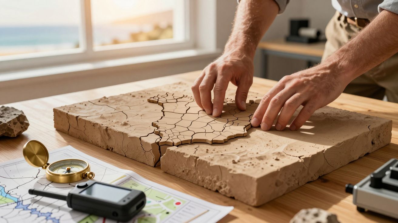 Mâini asamblând o hartă puzzle din argilă pe o masă cu busolă și hartă.