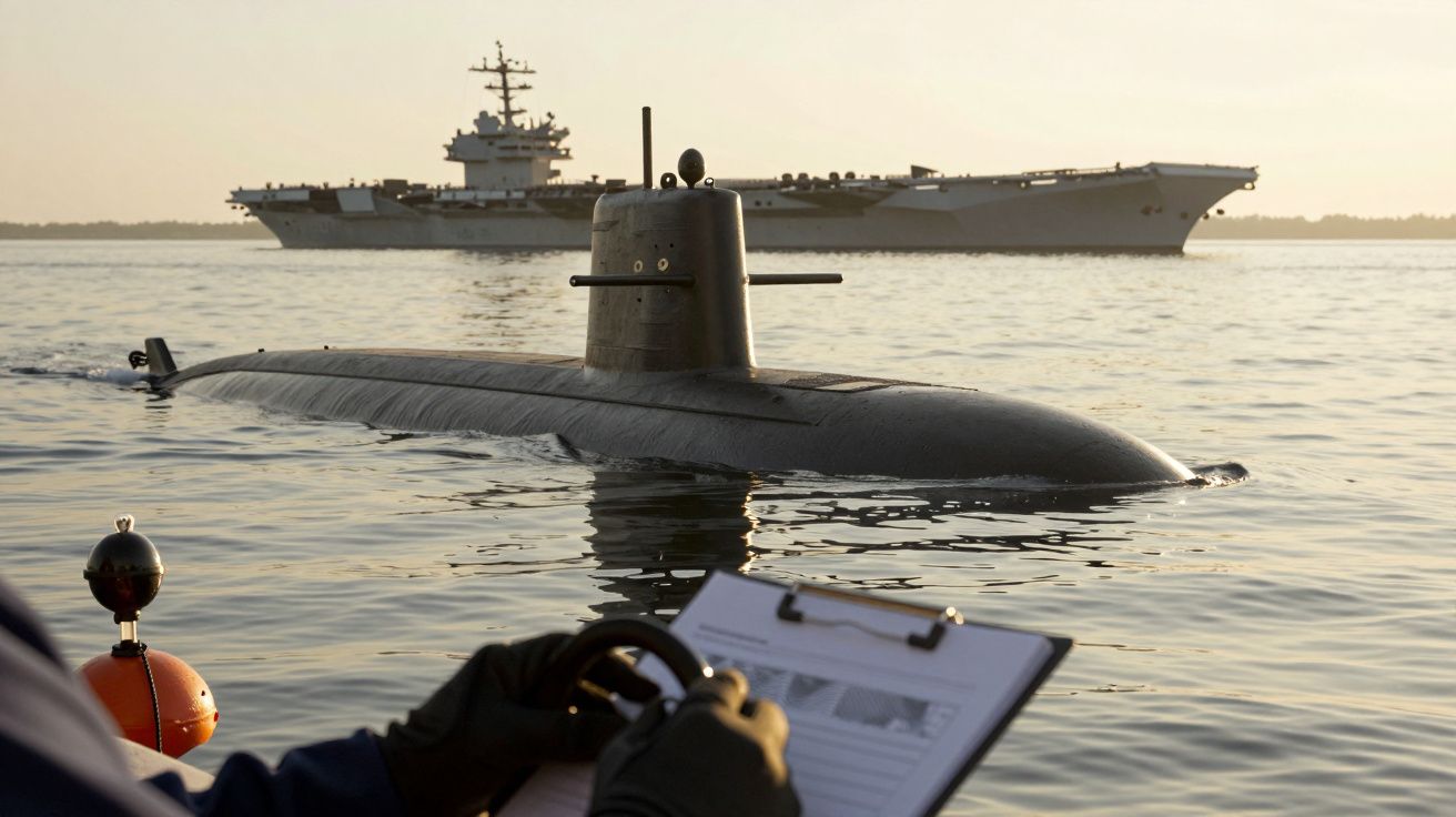 Submarin în larg, cu o navă de război în fundal, și persoană cu clipboard în prim-plan.