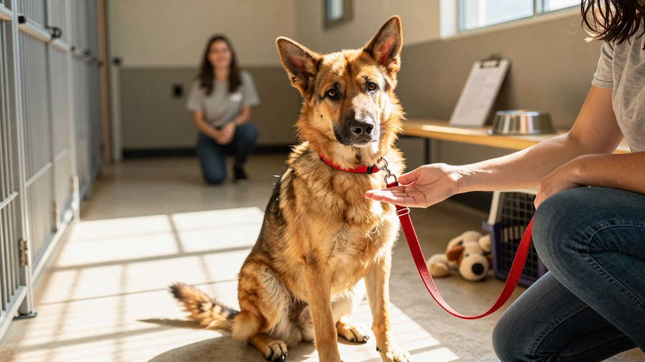 Câine ciobănesc cu zgardă roșie în adăpost, lângă o femeie ținând lesa. Altă persoană așezată în fundal.
