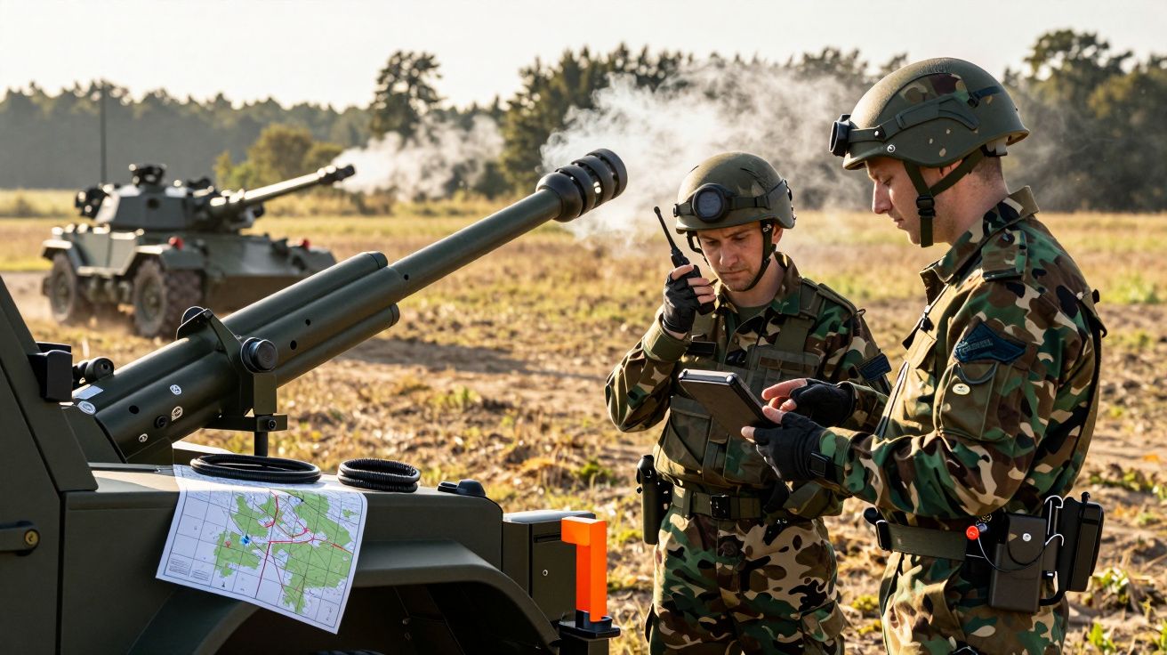 Doi soldați studiază harta lângă un vehicul militar pe câmp; unul folosește walkie-talkie, altul un dispozitiv electronic.