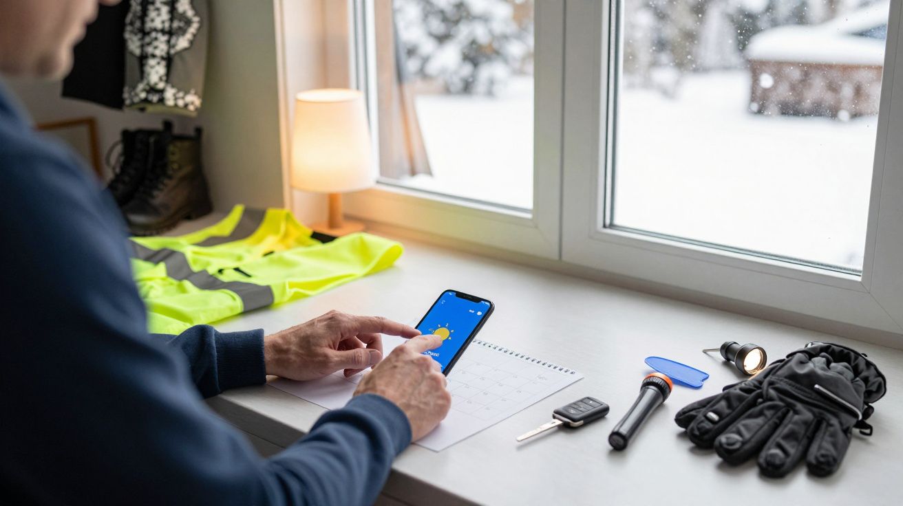 Persoană verificând telefonul lângă o fereastră, cu diferite obiecte pe masă, inclusiv mănuși și o geacă reflectorizantă.