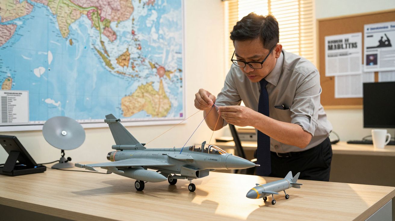 Bărbat asamblând machete de avioane pe birou, cu hartă în fundal și tablă cu anunțuri.