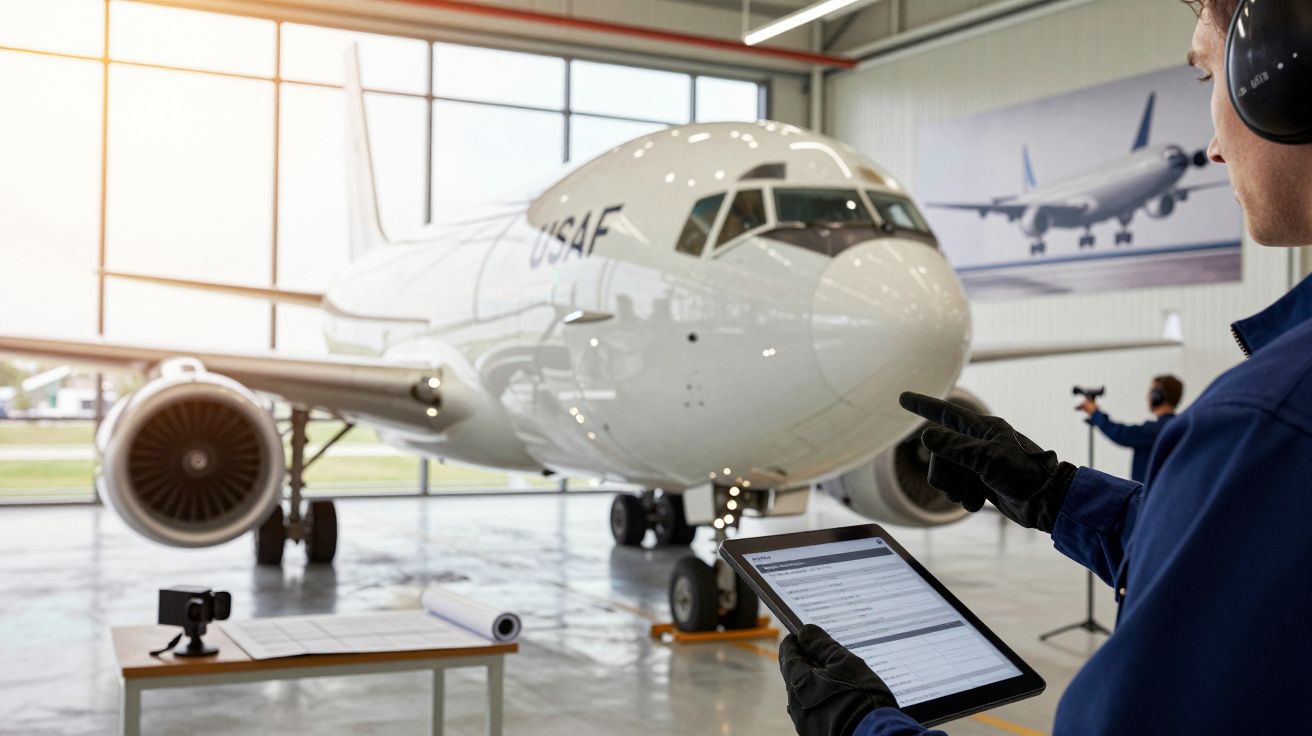 Tehnician inspectând un avion alb în hangar, utilizând o tabletă; planșe și cameră pe o masă alăturată.