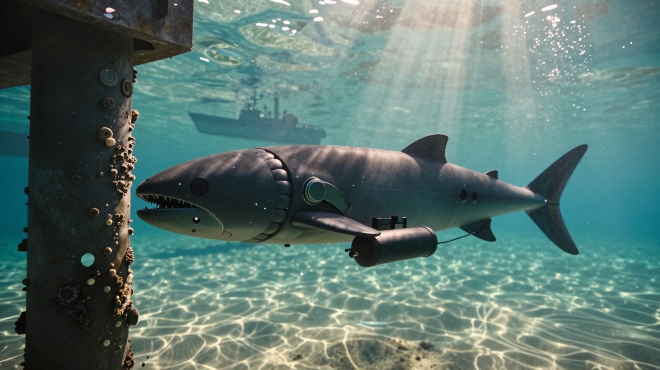 Rechin robot sub apă, lângă un pilon cu corali, cu o navă deasupra, lumina solară strălucind prin apă.