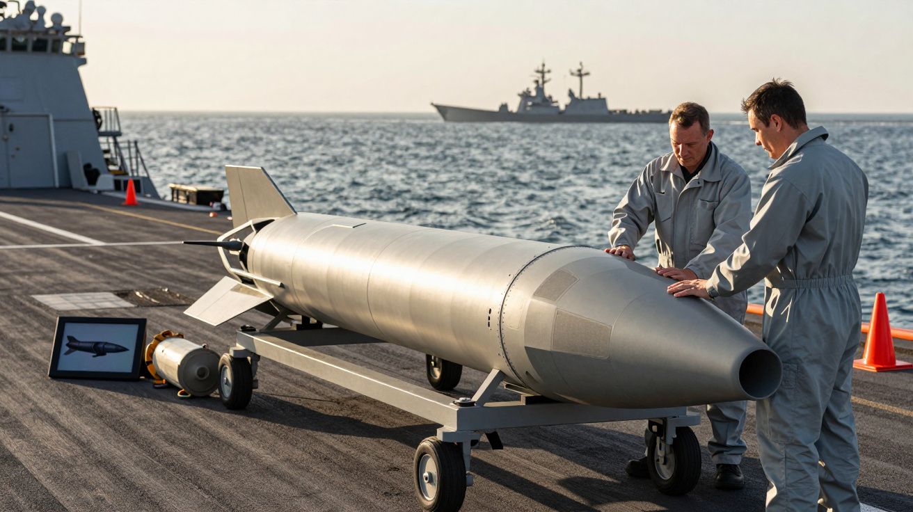 Două persoane examinează o rachetă mare pe un punte de navă militară, cu o altă navă în depărtare pe mare.