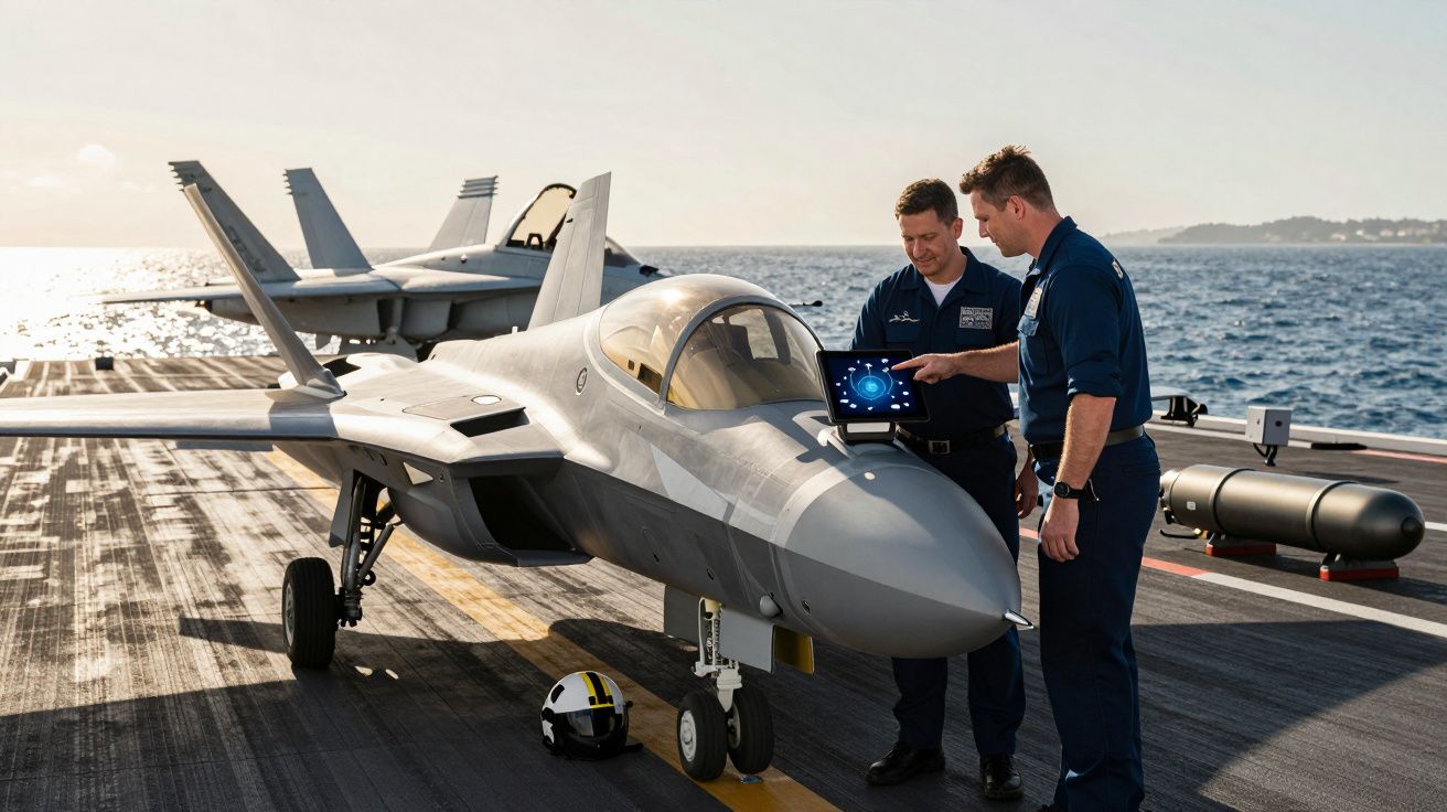 Doi piloți discută lângă un avion de luptă pe un portavion în lumina soarelui, având un tablet în mână.