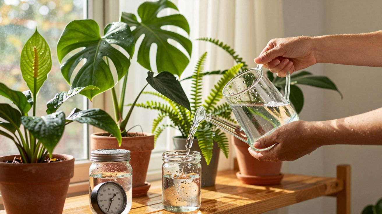Persoană udând plantele de apartament pe o masă lângă fereastră, cu un recipient transparent. Plante verzi diverse.