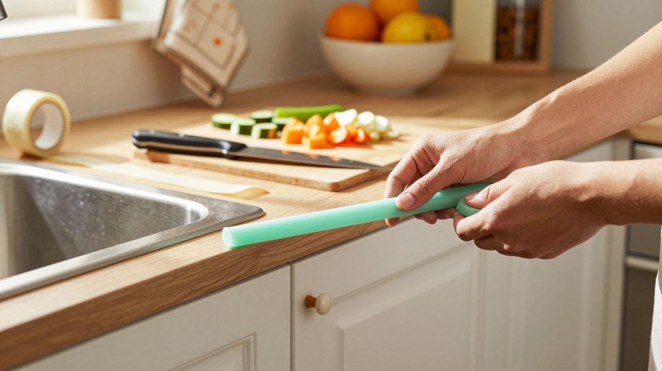 O persoană folosind o bară verde în bucătărie, cu fructe și legume tăiate pe tejghea.