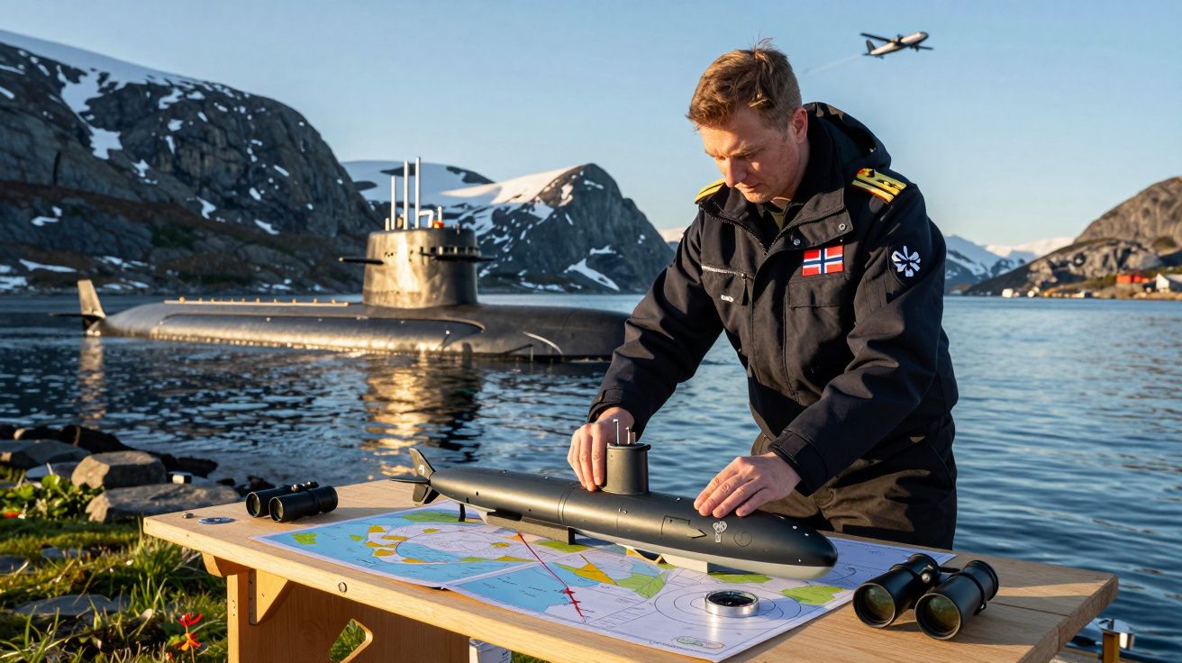 Ofițer naval studiază harta pe masă lângă submarin, munți acoperiți de zăpadă și avion în fundal.