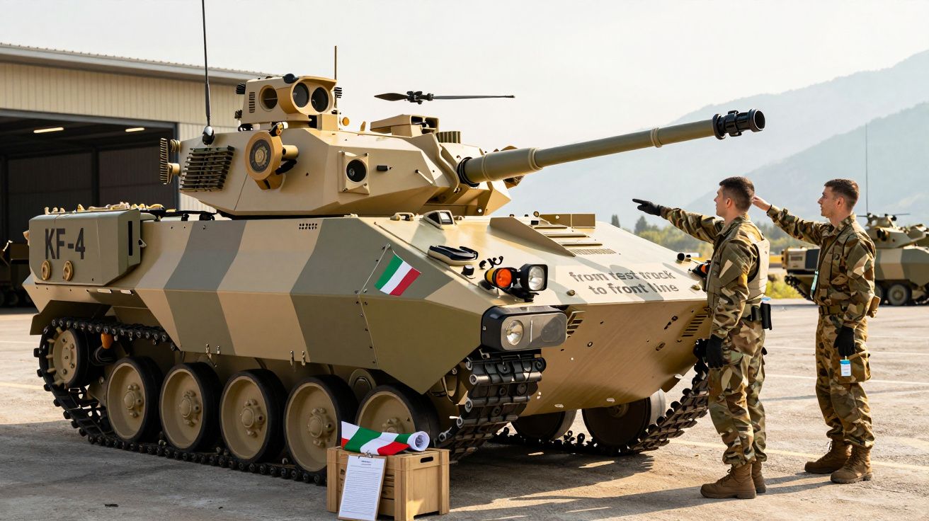 Tanc militar expus în aer liber, cu doi soldați discutând lângă el. Drapel italian vizibil pe tanc.