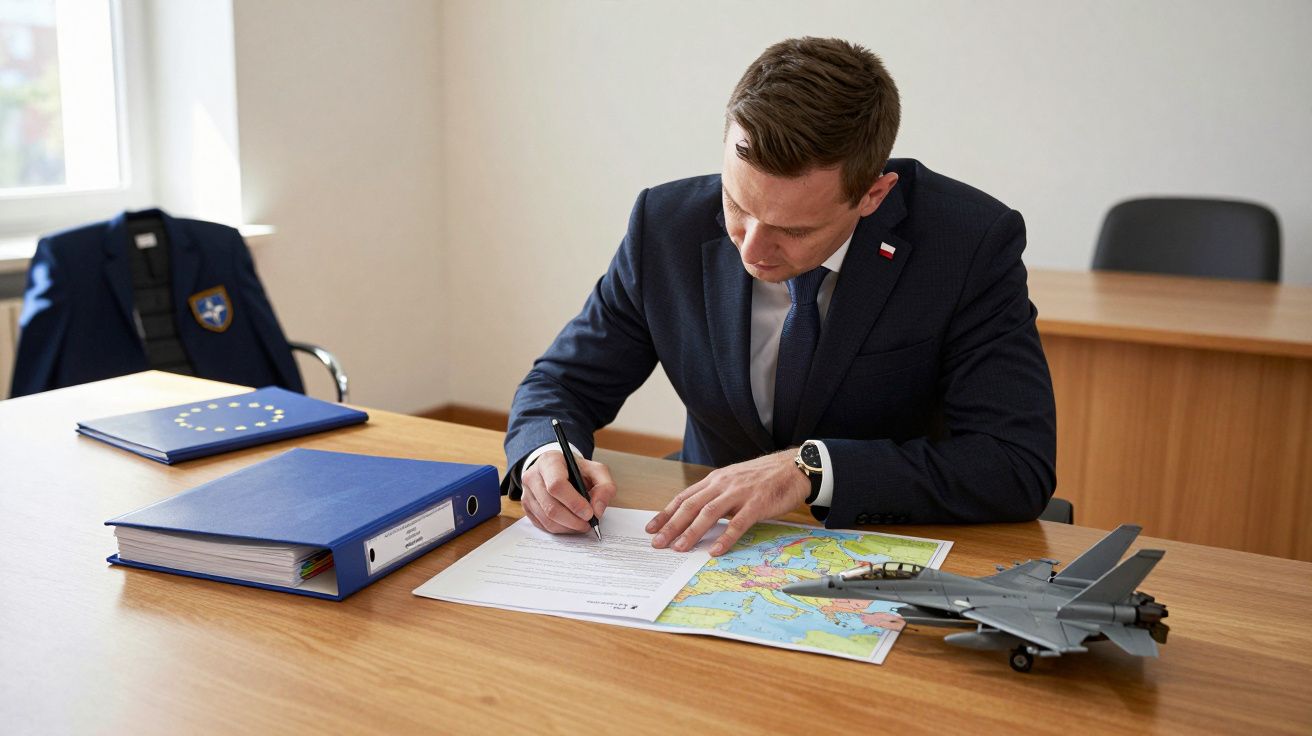 Bărbat în costum semnează un document pe un birou, alături de o hartă și un model de avion.