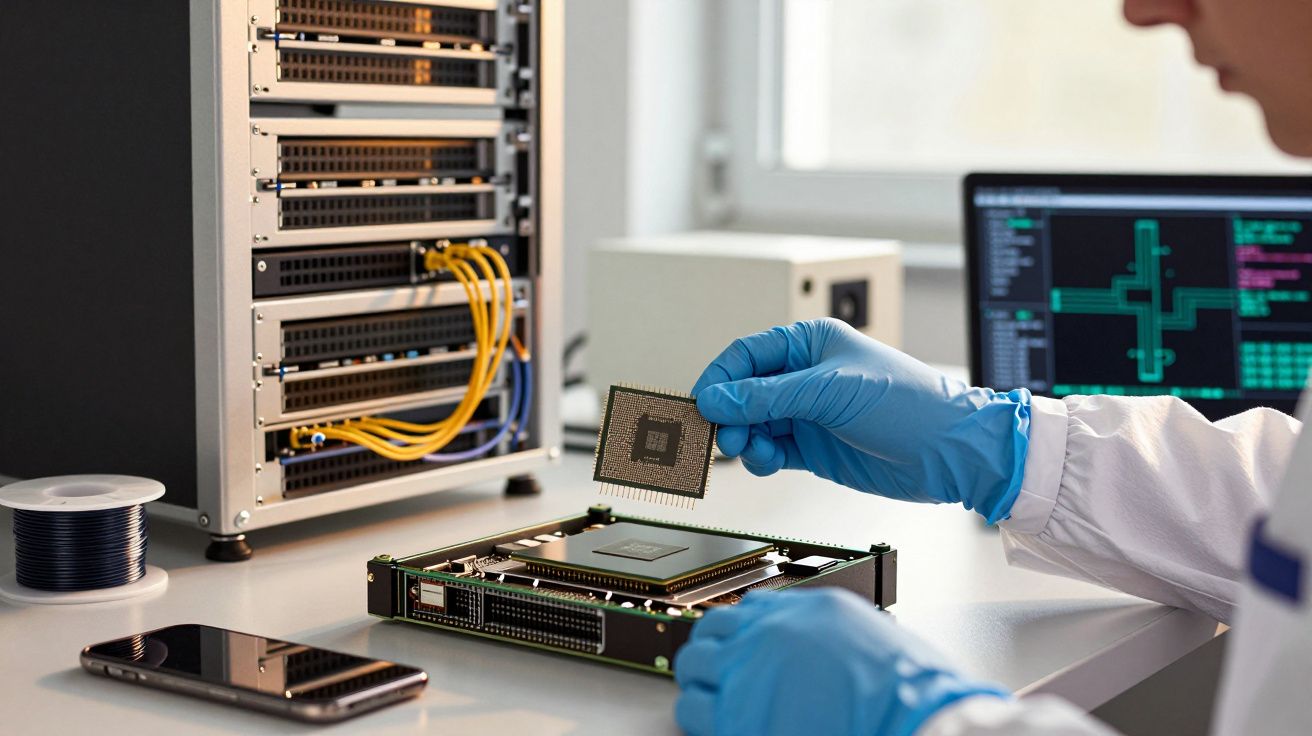 Persoană în laborator montând microcip pe un circuit imprimat, lângă echipamente de rețea și un telefon.