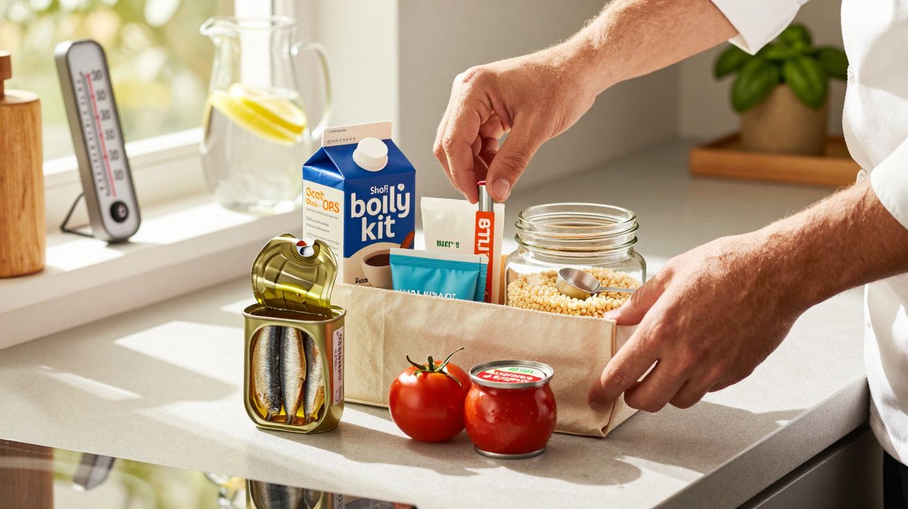 Persoană aranjând produse pe masă: cutie cu pește conservat, două roșii, produse alimentare și un borcan.