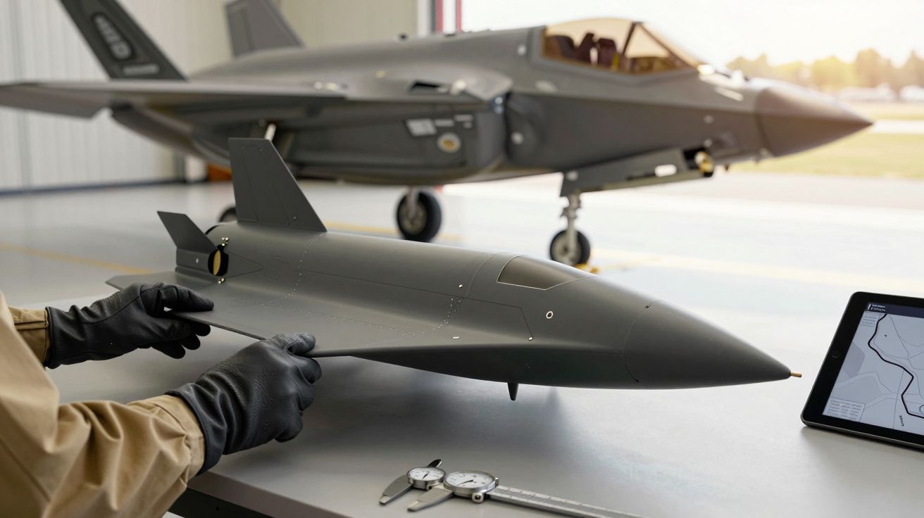 Model la scară al unui avion, manevrat de o persoană cu mănuși, cu un avion de luptă în fundal.