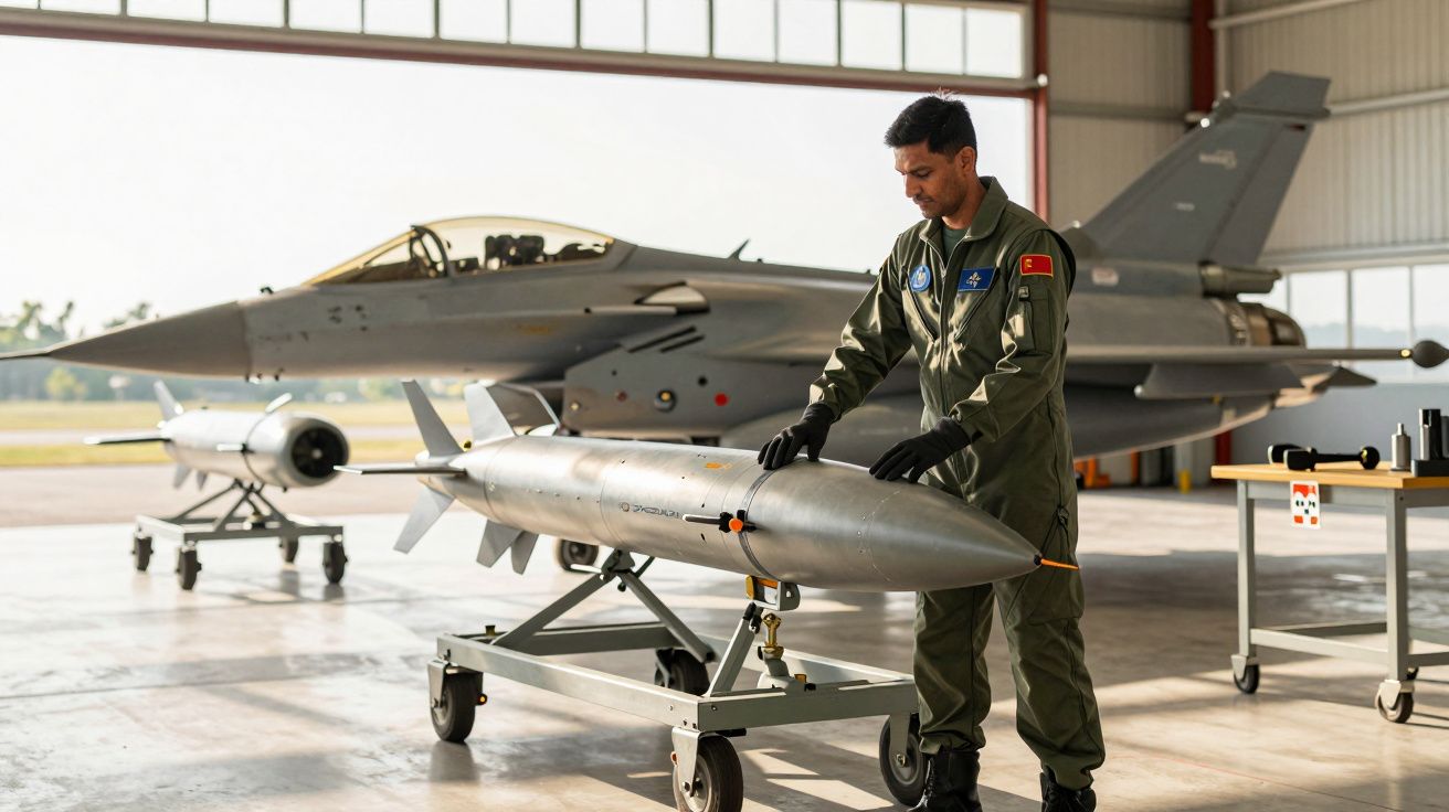 Pilot inspectează o rachetă montată pe un cărucior, cu un avion de vânătoare în fundal, într-un hangar.