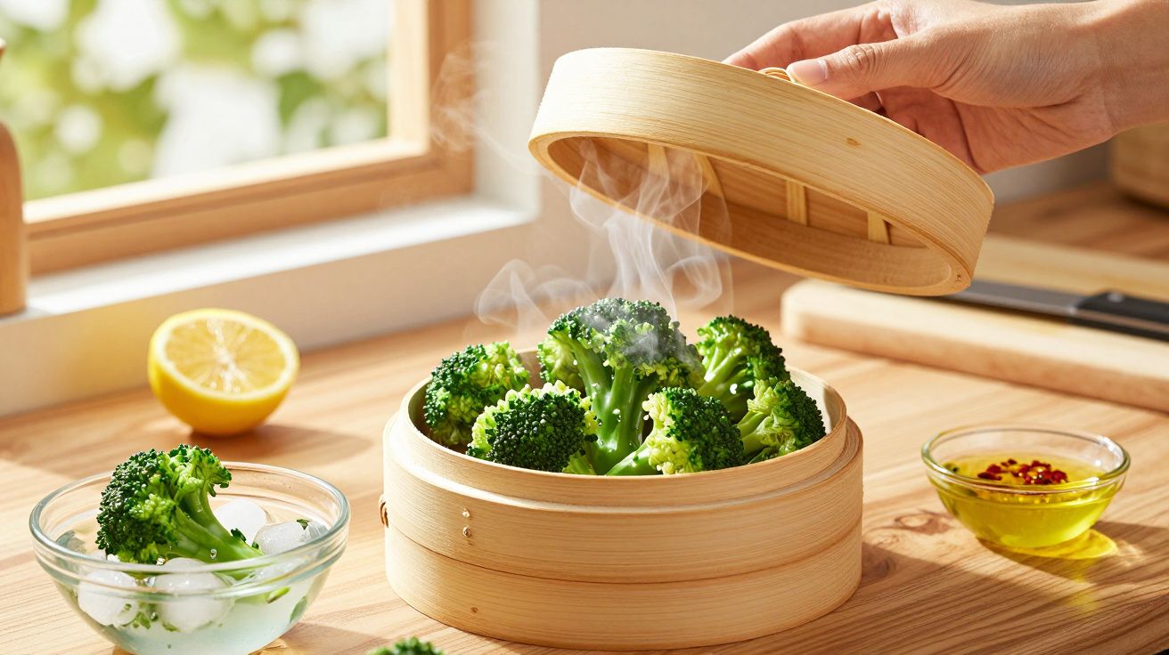Broccoli aburit într-un coș de bambus, cu lămâie și ulei lângă, pe o masă de lemn luminos.