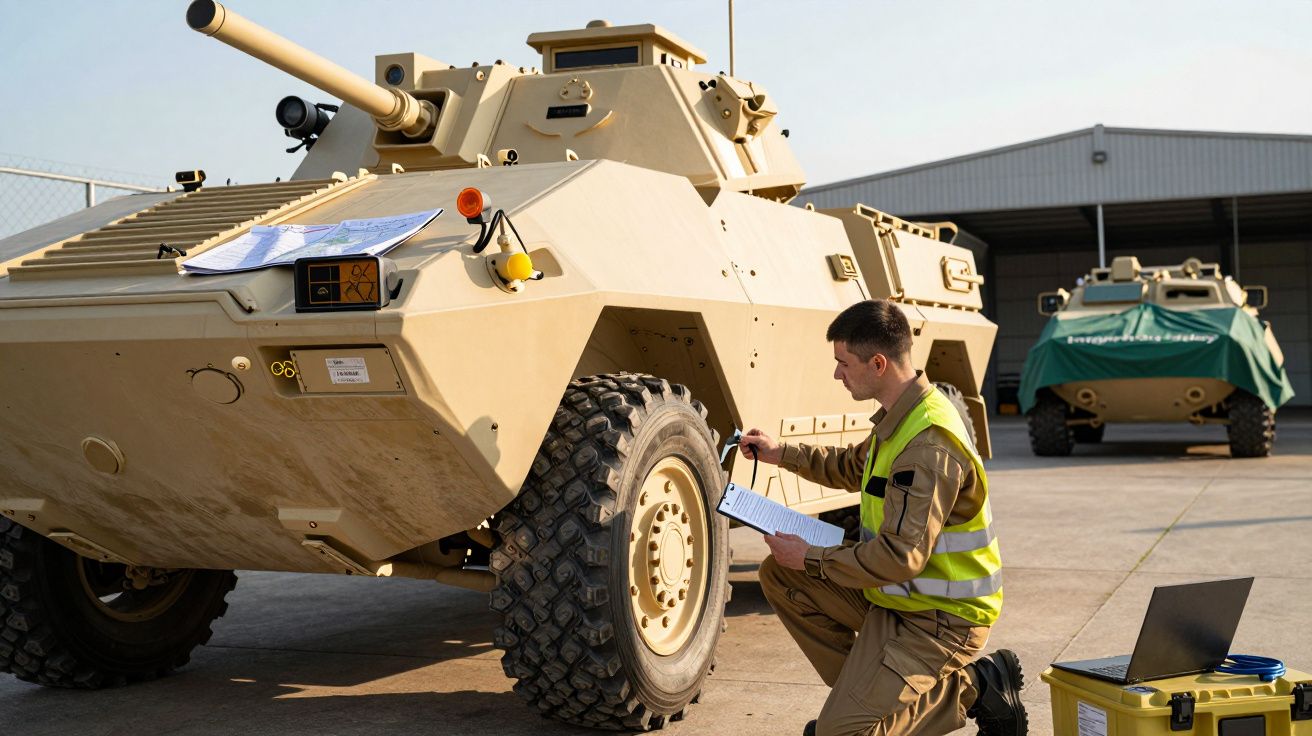 Un militar inspectează un vehicul blindat desertic, notând pe o foaie, cu un laptop deschis în apropiere.