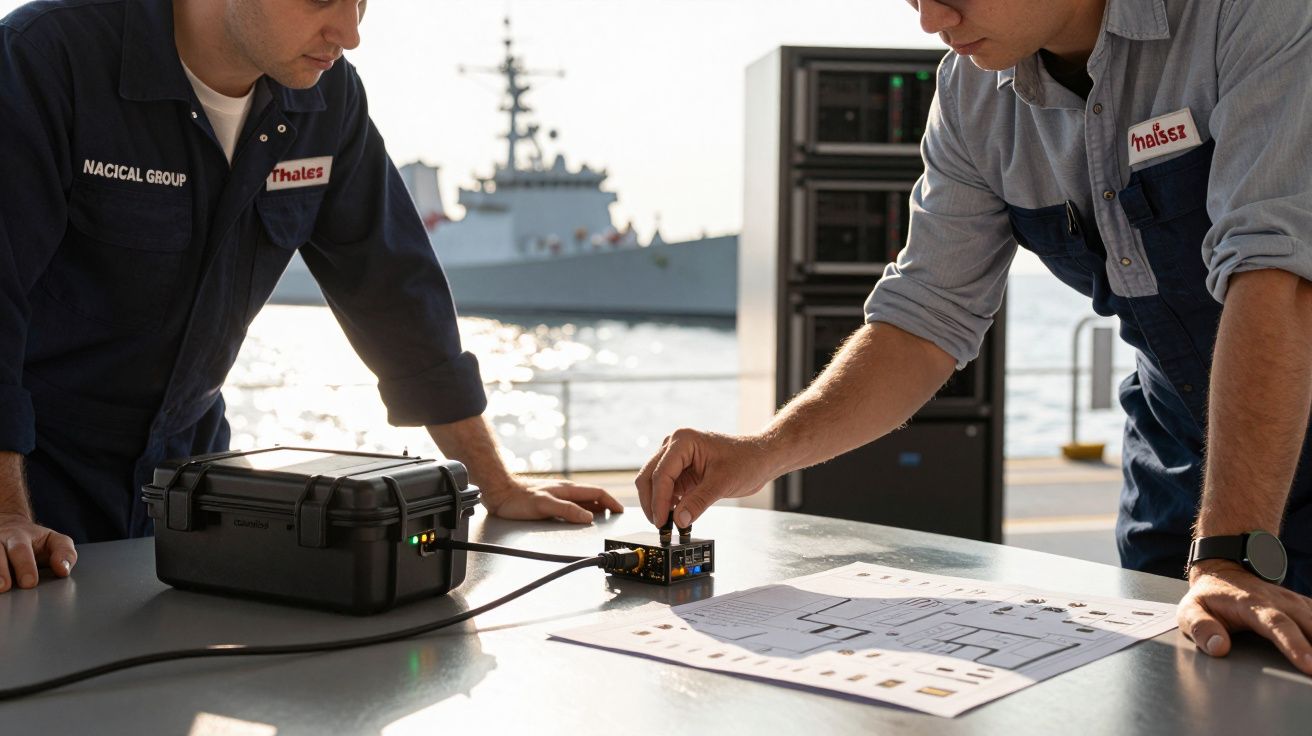 Două persoane lucrând la un dispozitiv electronic pe o masă, cu o navă militară pe fundal.
