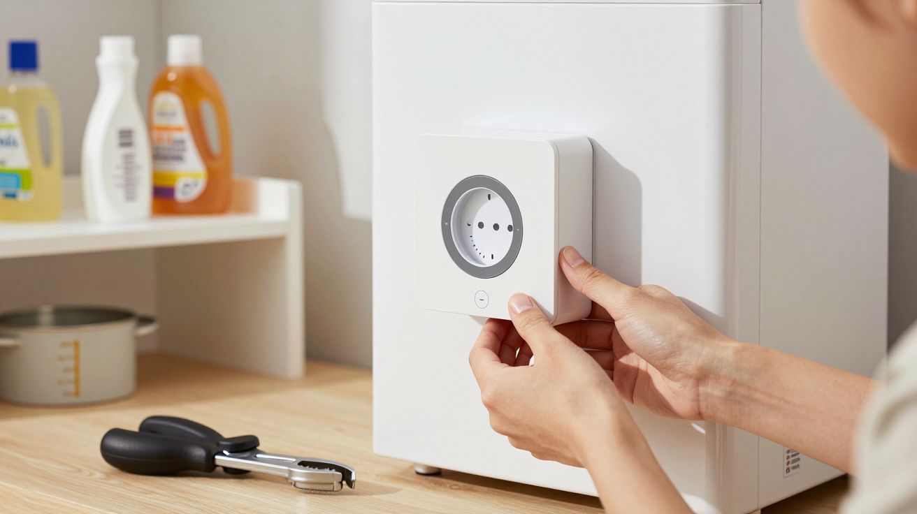 Persoană instalează o priză inteligentă pe un aparat electrocasnic într-o bucătărie modernă.