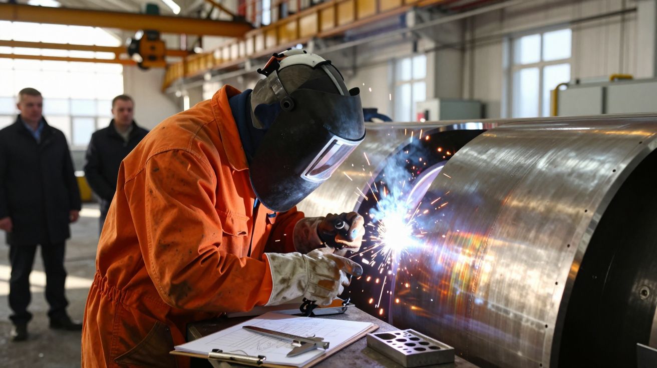 Muncitor în salopetă portocalie, sudând un cilindru metalic, cu scântei produse de arcul electric și trei persoane în fundal.