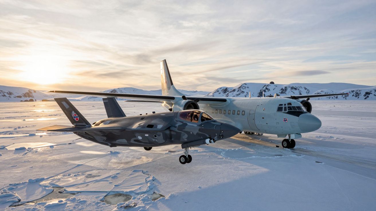 Două avioane militare pe un peisaj arctic înghețat, cu munți de zăpadă și apus în fundal.