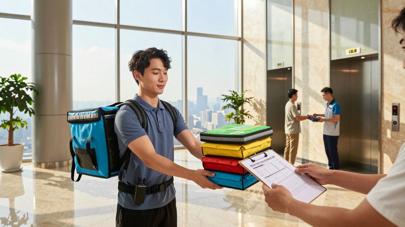 Curier într-un hol modern de birou predă pachete colorate unei persoane care ține o listă de livrare.