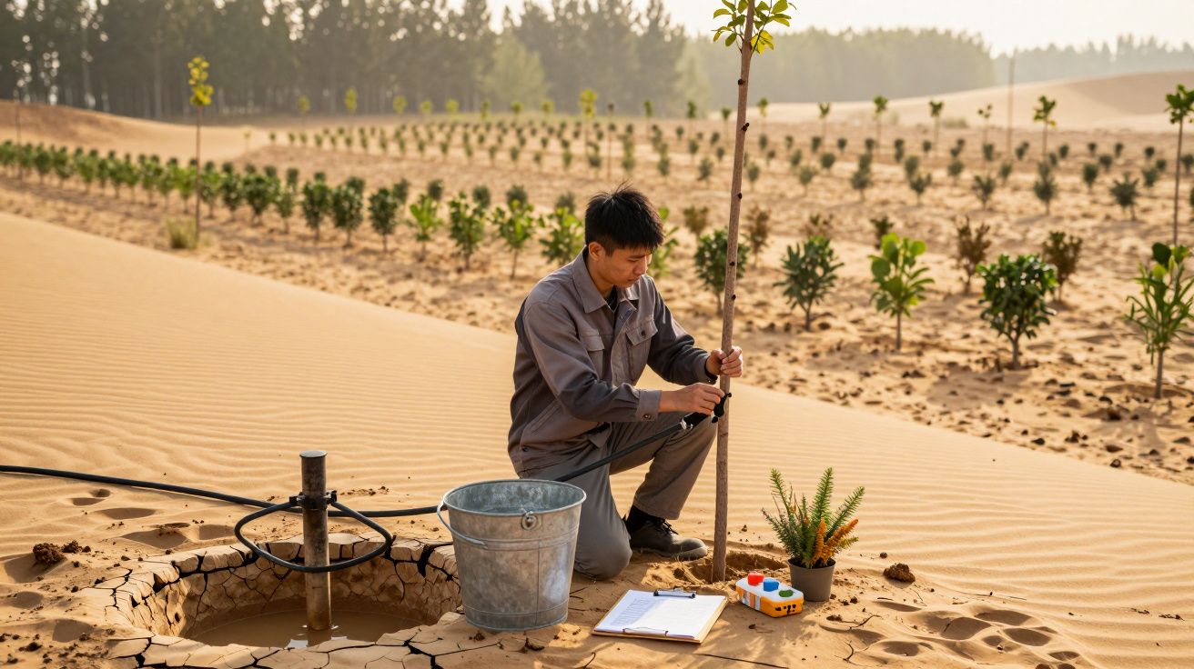 Bărbat plantând un copac într-un deșert, cu găleată și echipament de irigații, înconjurat de rânduri de puieți.