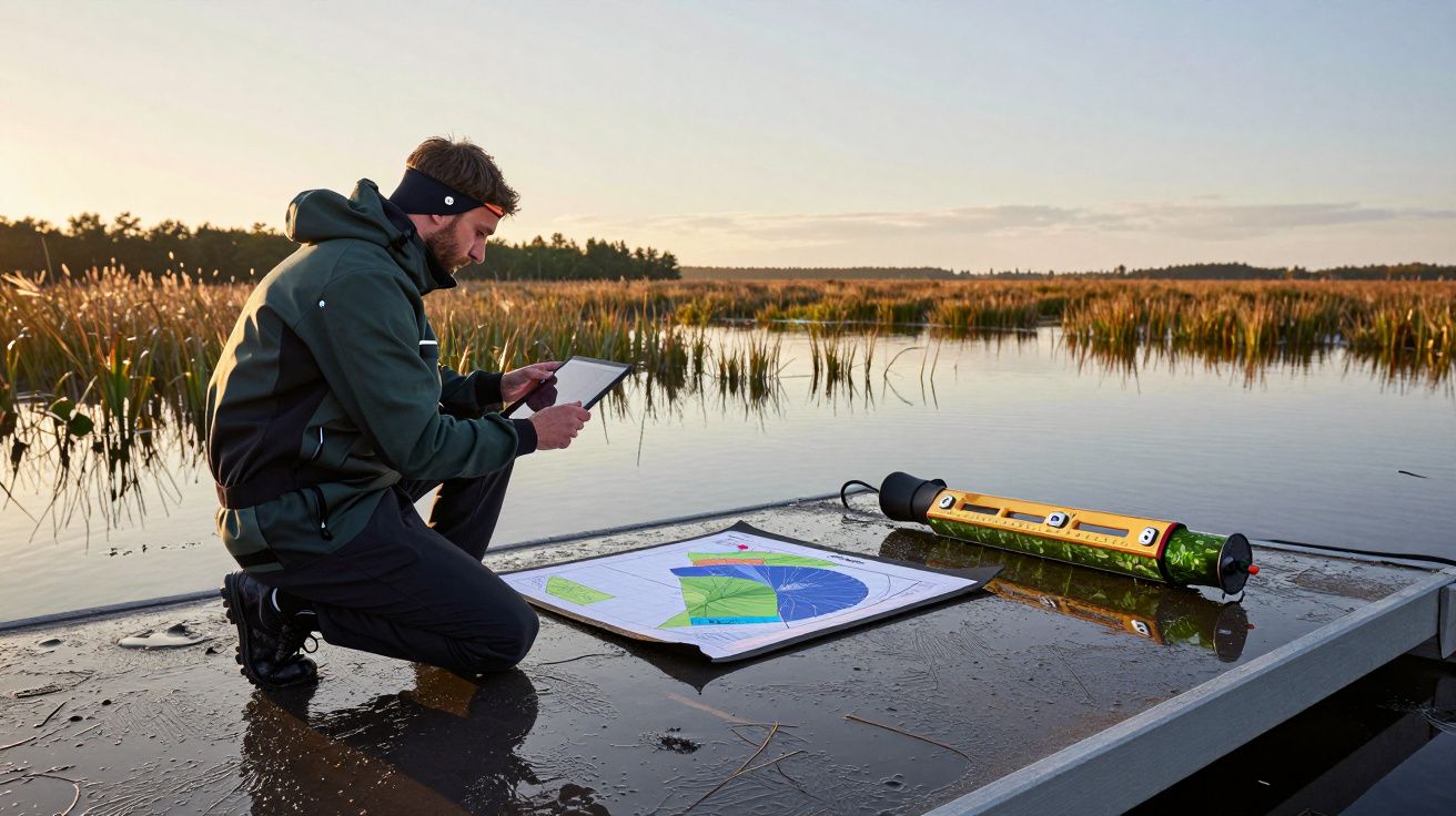 Cercetător pe barcă, analizând hărți și date pe tabletă, în mijlocul unui lac cu vegetație abundentă.