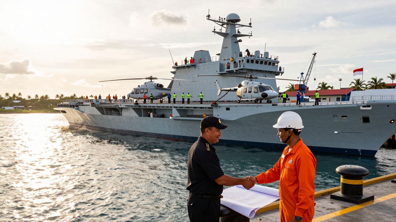 Două persoane strâng mâna pe un doc, în fața unei nave militare cu elicoptere la bord, la apus.