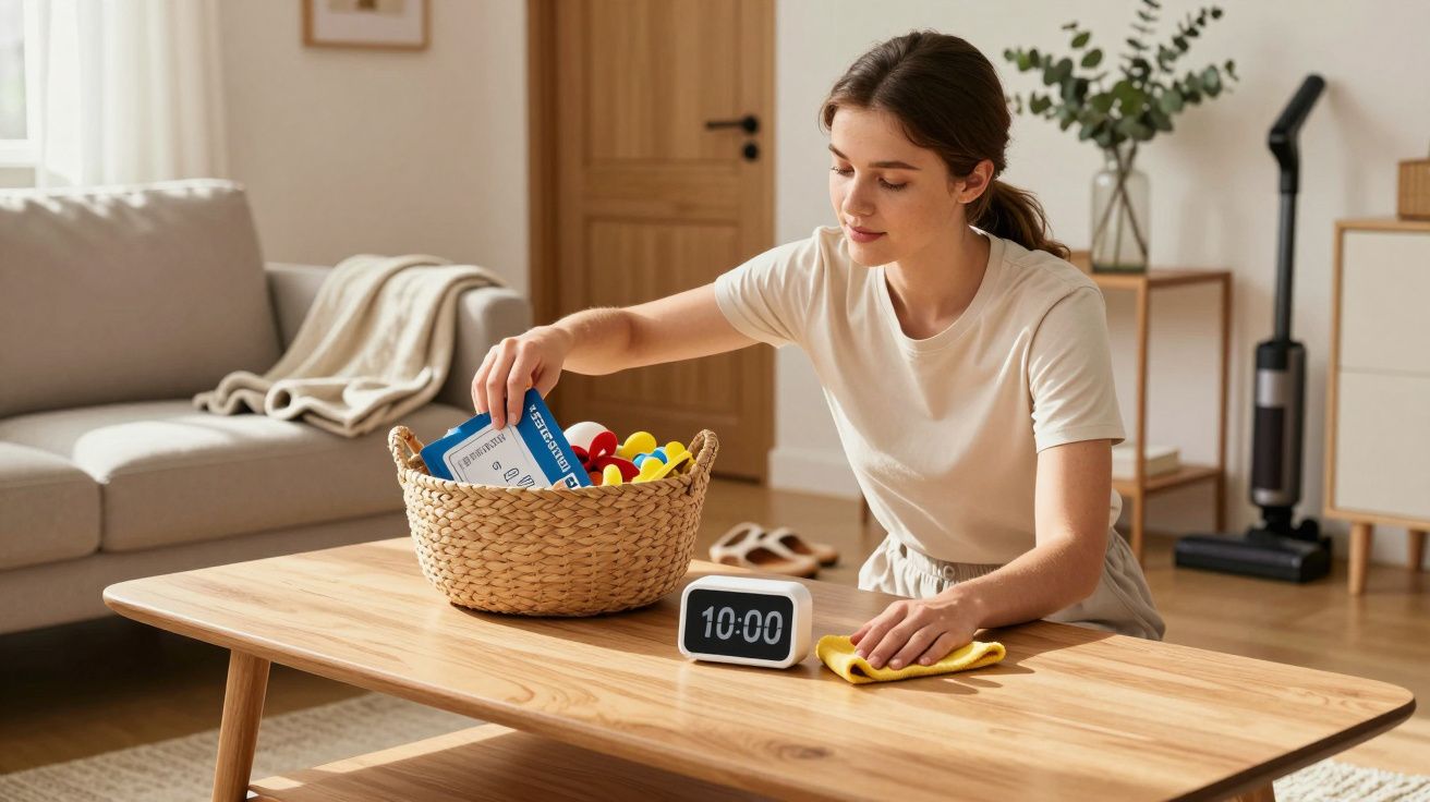 Femeie ordonând obiecte într-un coș pe o masă din lemn în sufragerie, lângă un ceas digital.