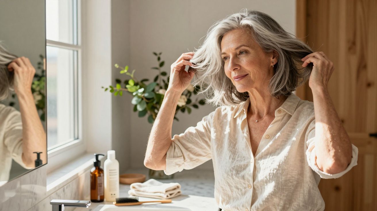 Femeie matură cu păr grizonat își aranjează părul în fața unei oglinzi, într-o baie luminată.