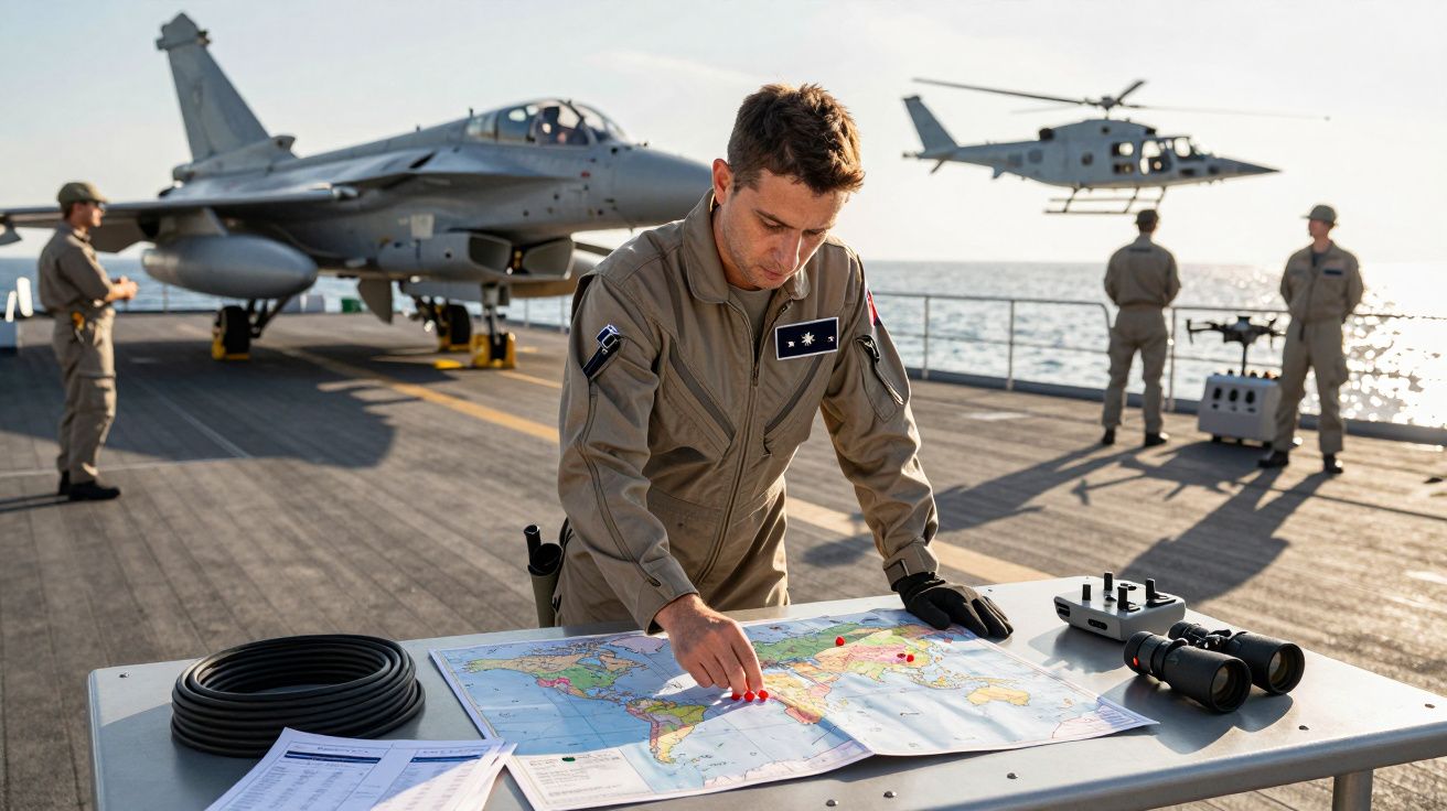 Pilot studiază harta pe punte, avion și elicopter în fundal, personal militar în jur, mare la orizont.