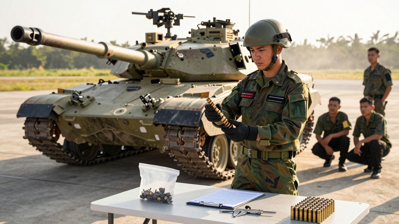 Soldat în uniformă verde, verificând muniție lângă un tanc, pe o pistă de aterizare, cu alți soldați în fundal.