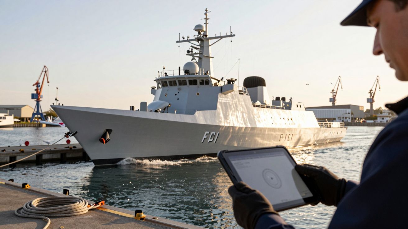 Nava militară FDI la doc, cu un operator controlând un dispozitiv electronic; macarale în fundal.