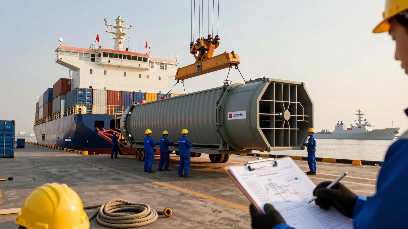 Muncitori în echipament albastru coordonează operațiuni de încărcare a unui container imens pe un vapor în port.