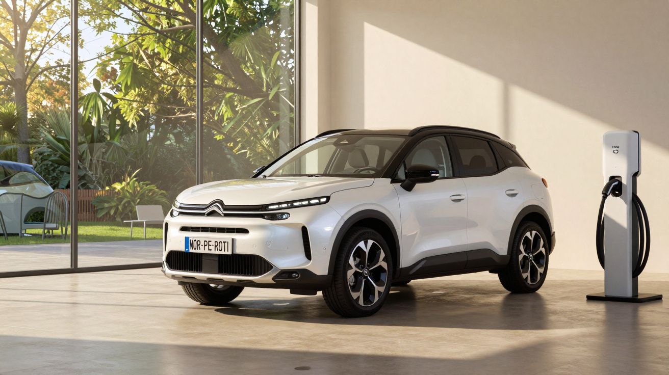 Mașină electrică albă încarcându-se într-un garaj modern, cu plante exotice vizibile prin ferestre mari.