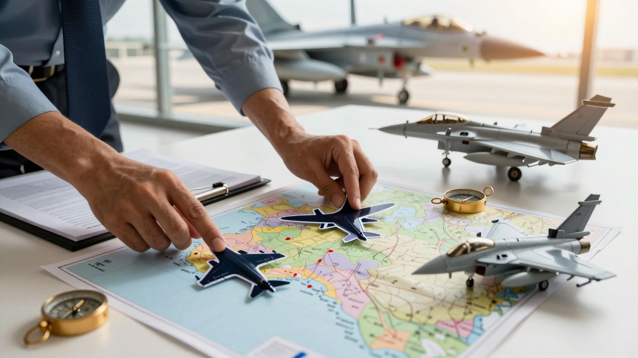 Mâini plasând avioane în miniatură pe o hartă, cu avioane de luptă și o busolă pe masă, indicând o strategie militară.
